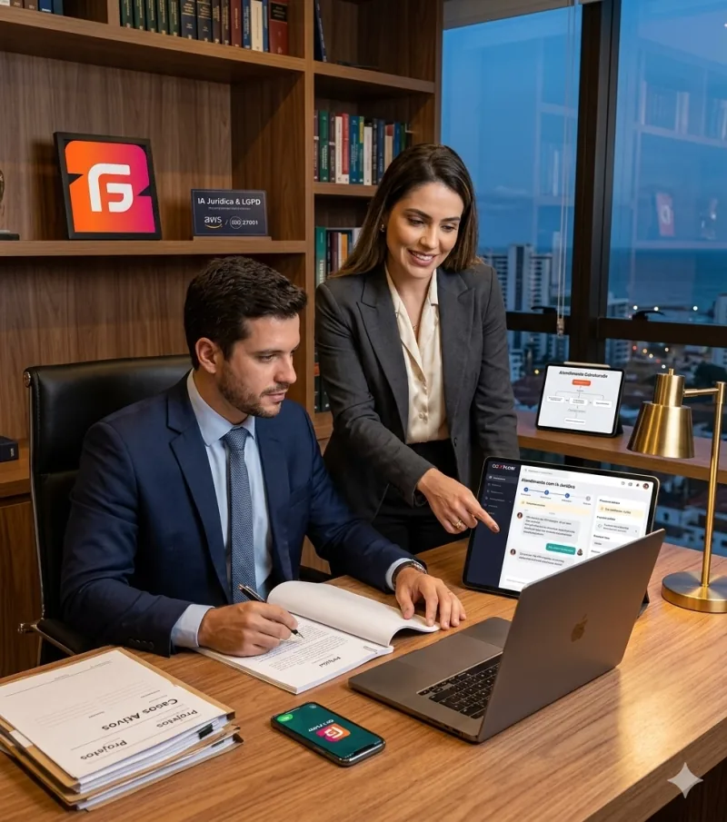 Advogados em escritório jurídico utilizando o sistema Go2Flow de inteligência artificial no WhatsApp para triagem automática de leads, atendimento a clientes e gestão de casos — tela do sistema visível no laptop mostrando fluxo de automação