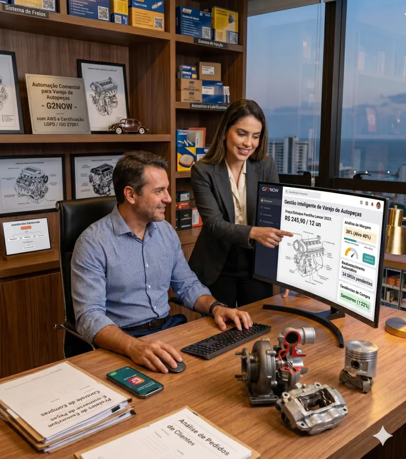 Equipe de uma loja de autopeças utilizando o sistema Go2Flow de inteligência artificial e automação comercial — tela mostrando gestão inteligente de varejo de autopeças com consulta de preço, análise de margem e sugestão de compra integradas ao ERP e ao WhatsApp