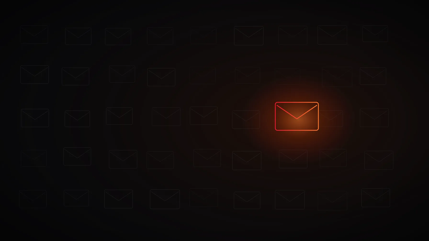 Grade de envelopes apagados com um único envelope aceso em laranja