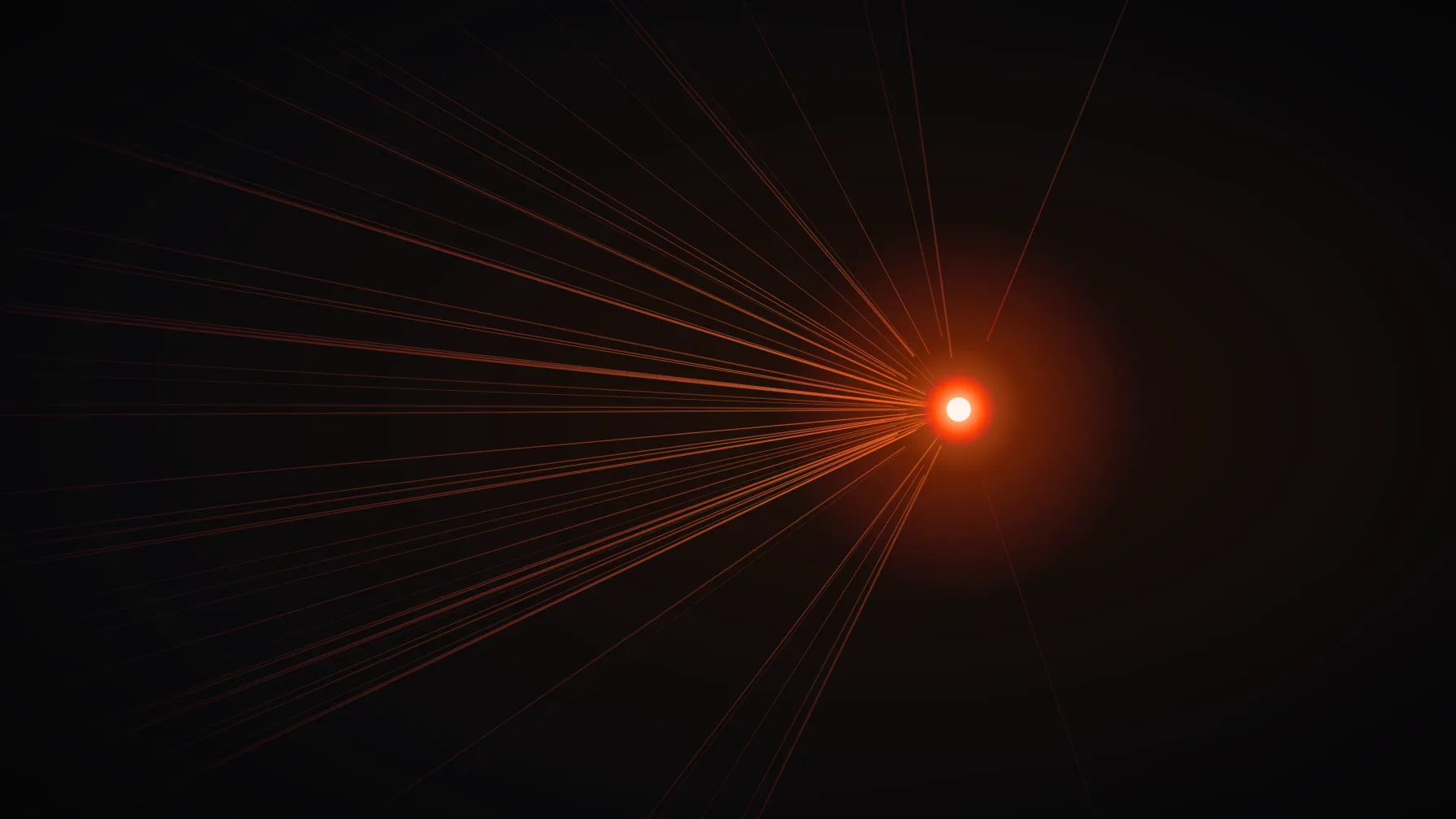 Dezenas de linhas de luz convergindo ao mesmo tempo para um único ponto incandescente laranja sobre fundo escuro