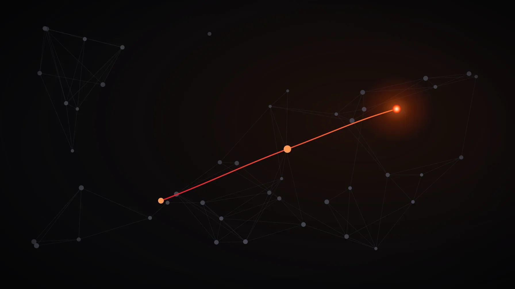 Rede de contatos em pontos cinzentos conectados e um caminho de três nós aceso em laranja