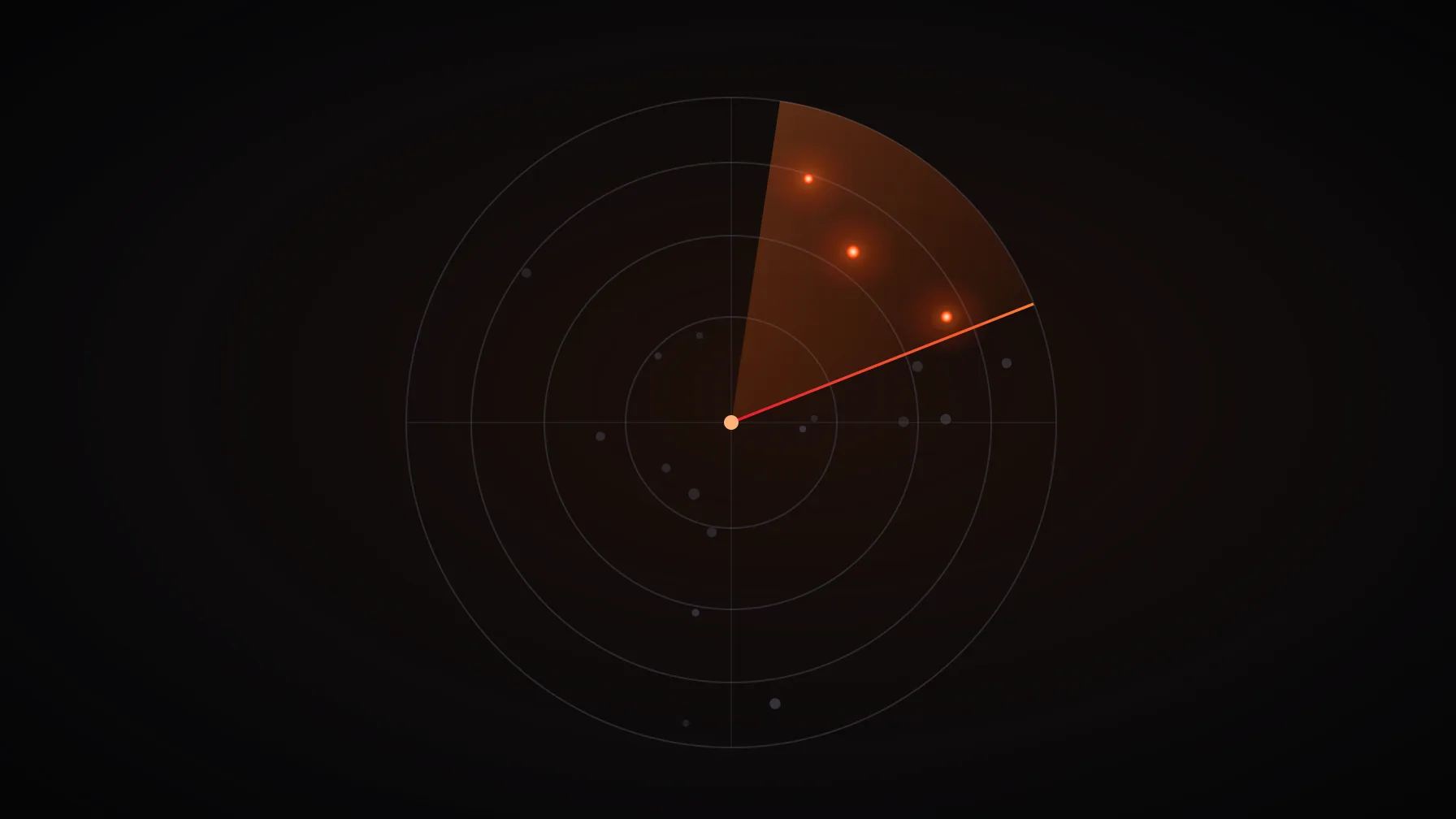 Radar com setor de varredura laranja iluminando três alvos entre pontos apagados