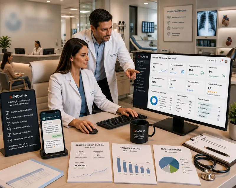 Médicos em uma clínica utilizando o sistema Go2Flow de inteligência artificial — tela mostrando gestão inteligente da clínica com agendamentos automatizados, controle de taxa de faltas, validação de convênios e indicadores operacionais integrados ao WhatsApp e ao Prontuário Eletrônico
