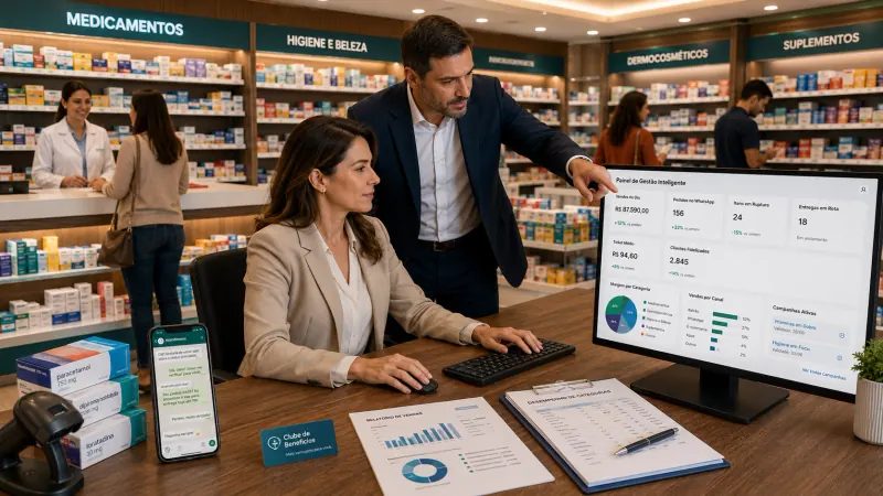 Gestores de farmácia e drogaria utilizando o sistema Go2Flow de inteligência artificial — tela mostrando painel de gestão inteligente com automação de pedidos de delivery, controle de recompra de pacientes crônicos, pré-triagem de receitas digitais e indicadores integrados ao WhatsApp e PDV