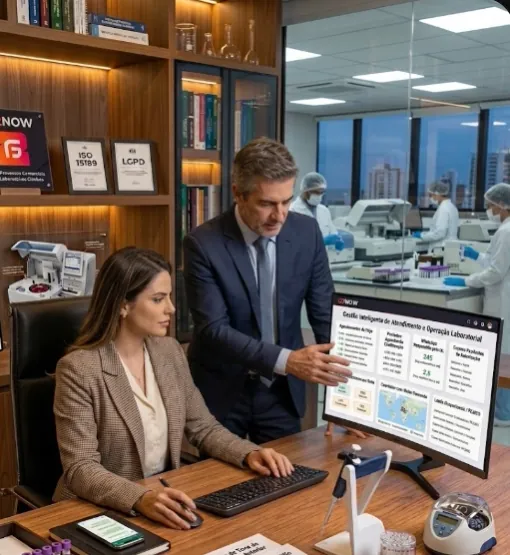 Gestor e recepcionista de laboratório de exames utilizando o sistema Go2Flow de inteligência artificial — tela mostrando gestão inteligente de atendimento e operação laboratorial com agendamentos automatizados, WhatsApp integrado ao LIS e controle de preparo clínico